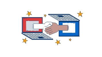 Virtual handshake connecting two laptops hand drawn whiteboard animation. Agreement digital 4K . Two hands shaking through notebooks screens animated doodle handdrawn concept pencil drawing video