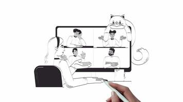 Virtual meeting with lazy cat and coffee hand drawn whiteboard sketch animation. Remote job. call 4K . Teleworker woman working from home animated handdrawn concept pencil drawing video