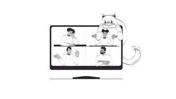Virtual meeting with playful cat lounging outline hand drawn 2D object animation. Online conference diverse employees doodle drawing 4K . Computer monitor animated element handdrawn isolated video