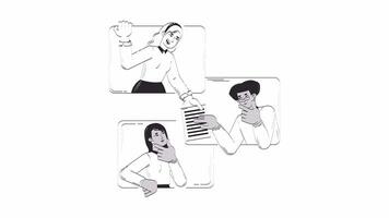 Virtual team collaborating through online interaction hand drawn whiteboard sketch animation. Proofreading 4K . Remote colleagues sharing document animated handdrawn concept pencil drawing video