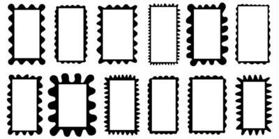 Squiggle frames set. Color zigzag wavy edges, retro scallop frames, psychedelic rectangles, photo frames, text boxes, tags, labels. vector