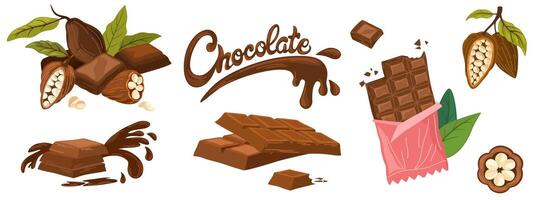 Cocoa and chocolate cartoon set. Cocoa beans, leaves, raw chocolate chunks, wedges of dessert chocolate, Chocolate text. Organic product. hand draw illustration isolated on white background. vector