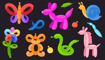 Balloon animals set in vibrant colors. Dog, monkey, giraffe, flower, snake, snail, butterfly toys. Kids birthday decoration concept. Twisting technique DIY tutorial. Clown stuff isolated items vector