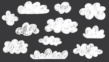 Crayon drawn cute clouds in kid's style. Pencil drawings childish icons isolated on white. Hand drawn various Crayon scribbled texture. Cloud shapes. Naive style childish elements. vector