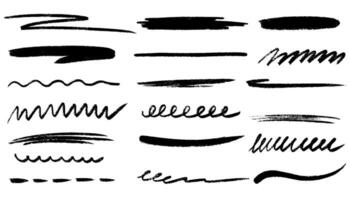 Grunge strikethrough and underline elements. Chalk lines, charcoal highlight strokes doodle set. Doodle graphic elements. Pencil underlines, kids crayon strips, brush line in sketch style. vector