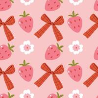 Summer pattern with strawberries, bows and flowers on a pink background. vector