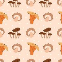 Pattern Mushrooms on a beige background with polka dots.Button, Cremini, Portobello, Shiitake, Oyster, Porcini, Morel, Enoki, Chanterelle, Maitake vector
