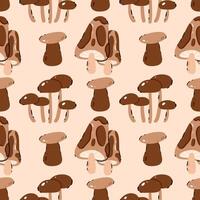Pattern Mushrooms on a beige background.Button, Cremini, Portobello, Shiitake, Oyster, Porcini, Morel, Enoki, Chanterelle, Maitake vector