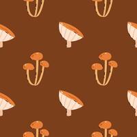 Pattern Mushrooms on a brown background.Button, Cremini, Portobello, Shiitake, Oyster, Porcini, Morel, Enoki, Chanterelle, Maitake vector