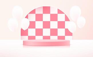 Beige background 3d with pink podium and balloon. 3D abstract studio room with pedestal podium. Space for selling products, backdrop, wallpaper, background, text. illustration. vector
