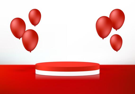 Red background 3d with balloons and podium. Product display presentation. Space for selling products, backdrop, wallpaper, background, text. illustration.