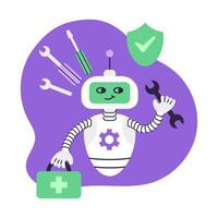 AI Robot assistant holds wrench and first aid kit. Concept of digital security and technical support. Isolated illustration. vector