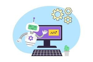 AI Robot assistant points at computer. Artificial Intelligence Data Analytics. Business and Education Concept. Isolated illustration. vector