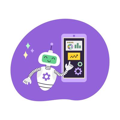 AI Robot assistant points at smartphone. Artificial Intelligence Data Analytics and Virtual Assistant. Business and Education Concept. Isolated illustration.
