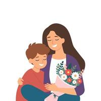 Mother with a bouquet of flowers and son. vector