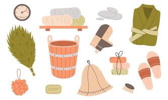 Set of bath and sauna items. Hat, mittens, birch broom, bucket, towels, soap, washcloth, bathrobe. illustrations. vector