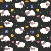 Cute seamless pattern with sheeps and flowers in cartoon style. vector