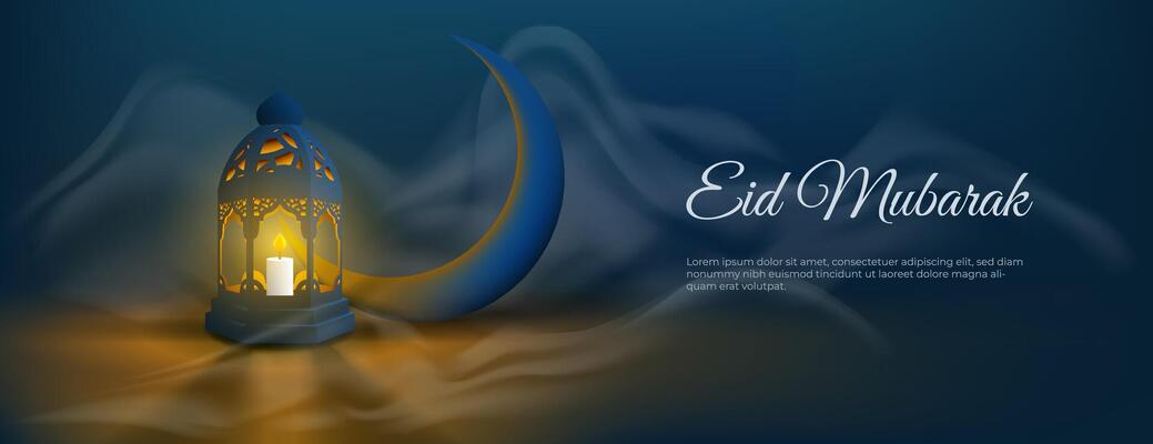 islamic banner background with 3d crescent, lantern and smoke. great for ramadan kareem and eid mubarak card. illustration