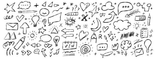 Creative doodles with various shapes, symbols, and icons on a white background showcasing artistic expression and imagination vector