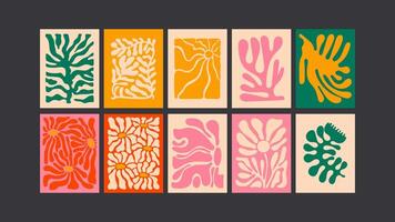 Retro funk design- 90s psychedelic posters with abstract waves, bright leaves, and trippy florals. vector