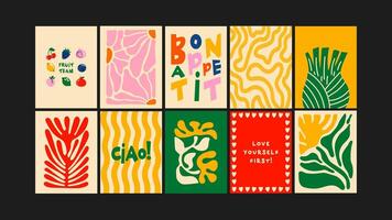 Bright abstract food art with funky waves and retro floral elements. Perfect for home stylization and culinary spaces vector
