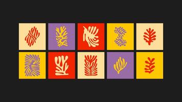 Psychedelic Groovy Posters. Square retro posters in bold, vibrant colors. Features funky waves, abstract leaves, and trippy floral designs, capturing the playful 90s doodle aestheti vector