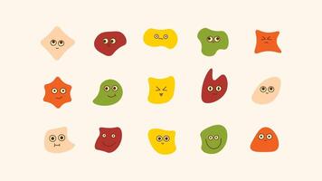 Abstract face shapes expressing different emotions. doodle mascot characters with smiling expressions. Retro-style, groovy cartoon hippie stickers inspired by the 90s vector