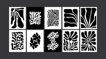 Psychedelic posters- Retro black-and-white art. Abstract waves, funky leaves, monochrome floral patterns vector