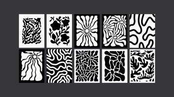 Retro psychedelic posters- Groovy black and white. Funky florals, abstract patterns, trippy wave design vector