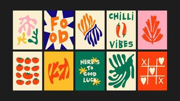 Funky Culinary Poster A colorful abstract poster showcasing playful food and drink elements. Ideal for decorating walls, postcards, or creating unique prints in a retro-modern style vector