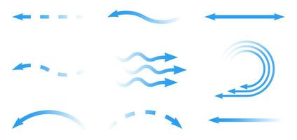 Air flow. Set of blue arrows showing direction of air movement. Wind direction arrows. Blue cold fresh stream the conditioner. vector