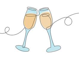 Continuous line champagne cheers one line art, continuous drawing contour. Cheers toast festive decoration for holidays. vector