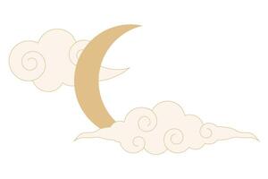 Celestial witch spiritual decoration with asian clouds moon, sun burst. Line astrology element, minimal geometric background. vector