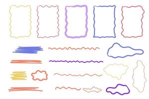 Zig zag frame border squiggle wavy set, underline brush stroke curved edges hand drawn empty tet box. Speech bubble badge jagged abstract shape. vector