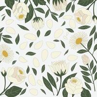 white rose and sunflowers and petals with green leaves hand draw pattern vector
