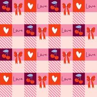 Happy Valentine's Day geometric background. Seamless pattern with cute love elements on checkerboard backdrop. Square romantic banner. Retro design wedding print. Flat style illustration. vector