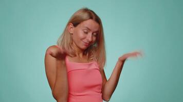Woman raising hands asking what why reason of failure demonstrating disbelief irritation by troubles video