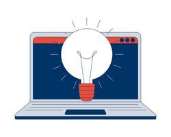 Lightbulb idea against open laptop screen 2D cartoon object. Online solutions. Bright light bulb on notebook technology isolated element flat clipart on white background. Spot illustration vector