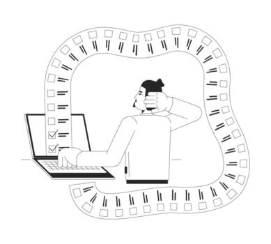 Long list tasks is overwhelming black and white 2D illustration concept. Endless work. Overload overburdened. Frustrated employee at laptop outline character isolated. Metaphor monochrome art vector