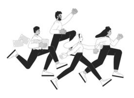 Diverse team running energetically towards goal black and white 2D illustration concept. Teamwork, ambition. Colleagues collective effort outline characters isolated. Metaphor monochrome art vector