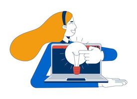 Employee generating new idea at work 2D illustration concept. Workplace inspiration. Woman presenting laptop with lightbulb cartoon character isolated on white. Metaphor abstract flat graphic vector