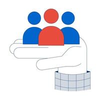 Hand holding three symbolic human figures cartoon illustration. Supporting teamwork, leadership. Team management linear 2D image, white background. Editable colorful flat clipart vector