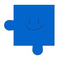 Puzzle piece with happy face 2D cartoon object. Psychology personality character shape smile. Facial expression jigsaw isolated element flat clipart on white background. Spot illustration vector