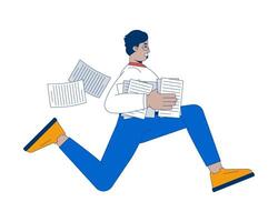 Arab businessman running with papers stack in hand 2D cartoon character. Documents flying behind office worker stressed isolated person flat on white background. Spot illustration colorful vector