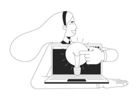 Employee generating new idea at work black and white 2D illustration concept. Workplace inspiration. Woman presenting laptop with lightbulb outline character isolated. Metaphor monochrome art vector
