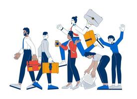 Workplace with busy employees diverse 2D illustration concept. Office workers walking, holding briefcases, multitasking cartoon characters isolated on white. Metaphor abstract flat graphic vector