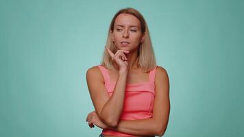 Doubting pensive woman pondering and imagining in mind, wondering difficult solution feeling confuse video