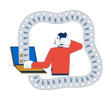 Long list tasks is overwhelming 2D illustration concept. Endless work. Overload overburdened. Frustrated employee at laptop cartoon character isolated on white. Metaphor abstract flat graphic vector