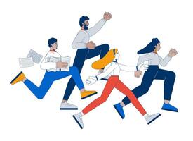 Diverse team running energetically towards goal 2D illustration concept. Teamwork, ambition. Colleagues collective effort cartoon characters isolated on white. Metaphor abstract flat graphic vector