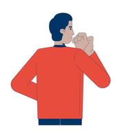 Thoughtful guy raising hand to mouth in reflective pose 2D cartoon character. Decision-making, problem-solving corporate man isolated person flat on white background. Spot illustration colorful vector